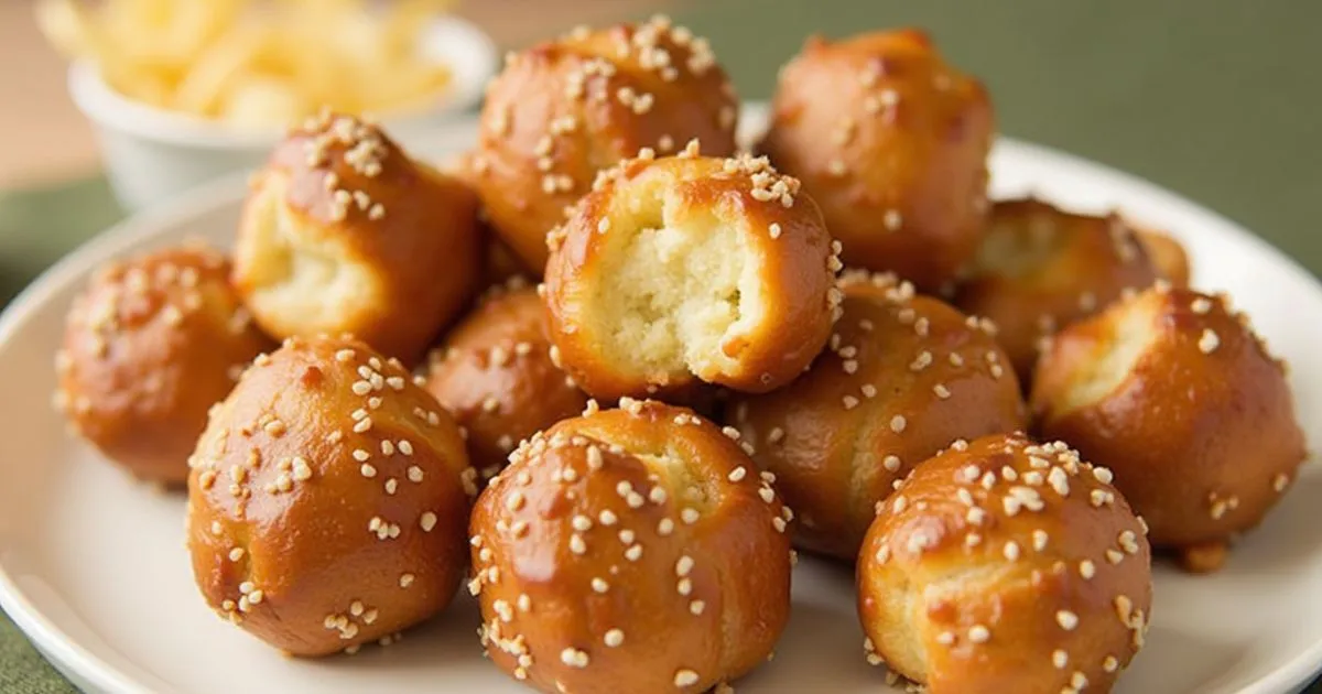 Golden-brown sourdough discard pretzel bites sprinkled with coarse salt, served on a white plate, with one bite revealing a soft, fluffy interior.