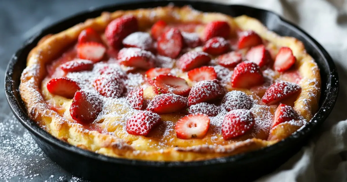 Golden brown Dutch Baby pancake topped with fresh strawberries and a dusting of powdered sugar in a cast iron skillet.