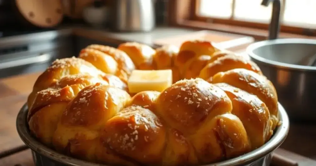 Freshly baked Rhodes Rolls Monkey Bread in a Bundt pan topped with a pat of butter, sitting on a rustic kitchen countertop.