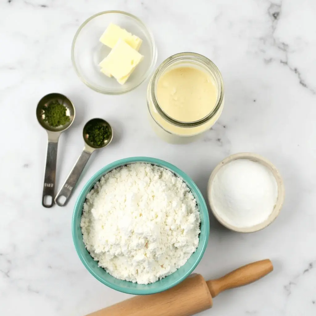 No-Waste Baking: How to Make Sourdough Discard Naan 2 A top-down view of ingredients for making sourdough discard naan, including a jar of sourdough discard, a bowl of flour, a small bowl of yogurt, butter cubes, measuring spoons with herbs, and a rolling pin, arranged on a marble countertop.