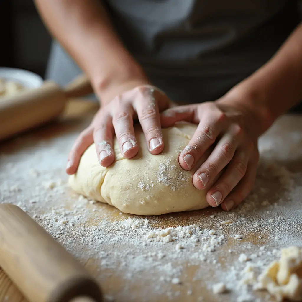 No-Waste Baking: How to Make Sourdough Discard Naan 3 Hands kneading a soft ball of dough on a floured wooden surface with a rolling pin and additional dough visible in the background.