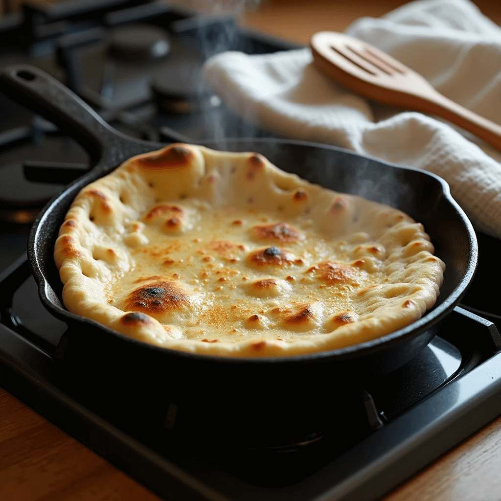 No-Waste Baking: How to Make Sourdough Discard Naan 5 Freshly cooked naan bread in a cast-iron skillet on a stovetop, with golden-brown spots and steam rising, alongside a wooden spoon and a white kitchen towel in the background.