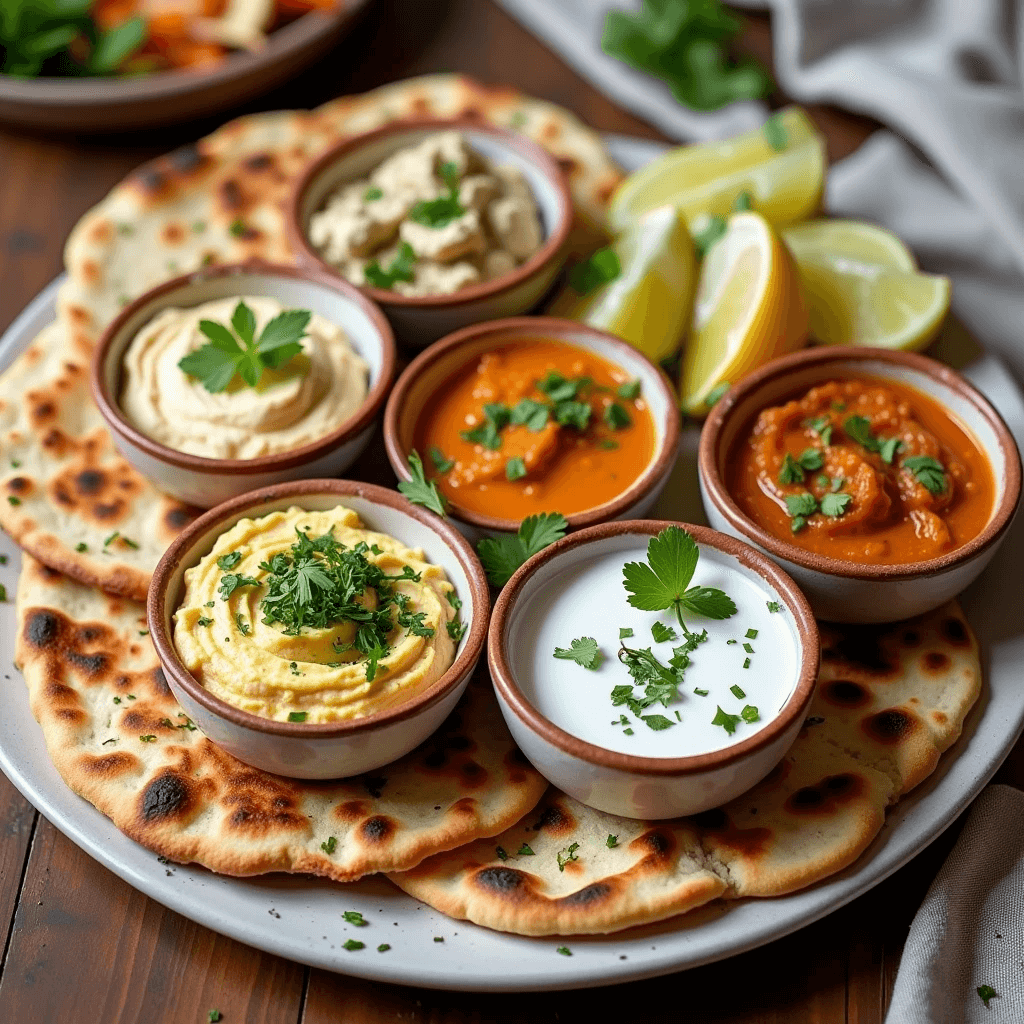 No-Waste Baking: How to Make Sourdough Discard Naan 7 Side-by-side comparison of two naan breads on a white plate: one lightly cooked with pale spots and the other perfectly cooked with golden-brown charred spots, set on a dark background with white bowls in the background.