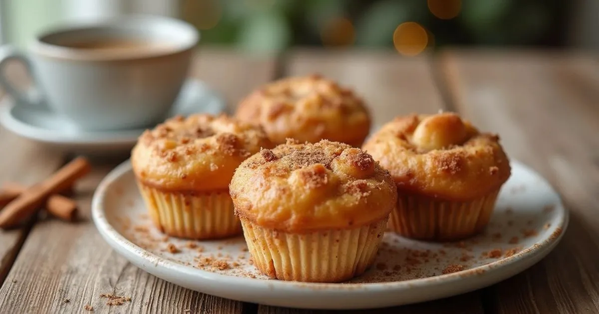 A plate of freshly baked vegetarian cinnamon sugar donuts, golden-brown with a generous coating of cinnamon sugar, served with a cup of coffee.