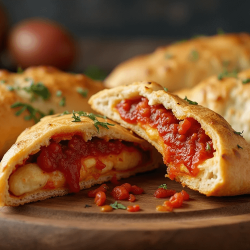 How to Make Sourdough Calzones: Step-by-Step Guide and Tips 8 Golden-brown sourdough calzones on a wooden serving board, one calzone sliced open to reveal marinara sauce and melted cheese, garnished with fresh parsley.