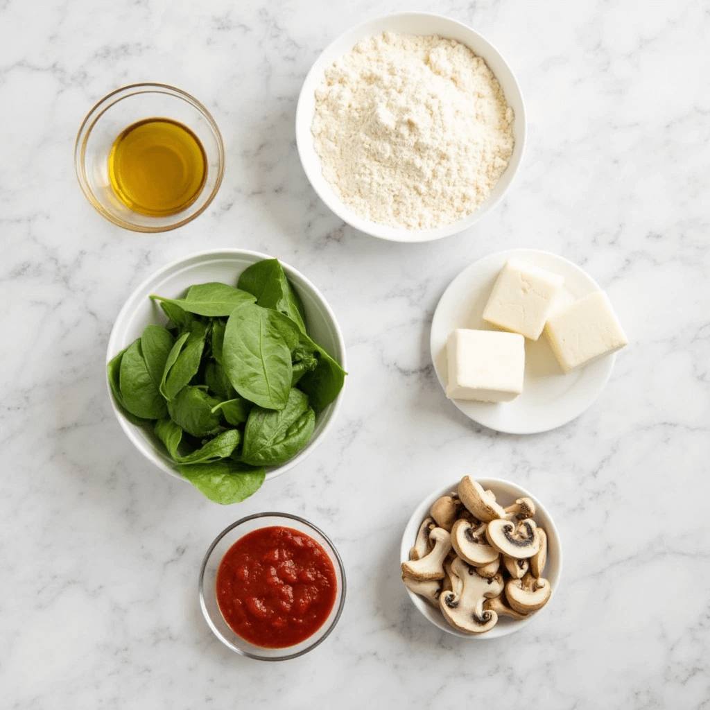 How to Make Sourdough Calzones: Step-by-Step Guide and Tips 3 Flat-lay of ingredients for sourdough calzones on a marble countertop, including fresh spinach, sliced mushrooms, marinara sauce, olive oil, flour, and butter.