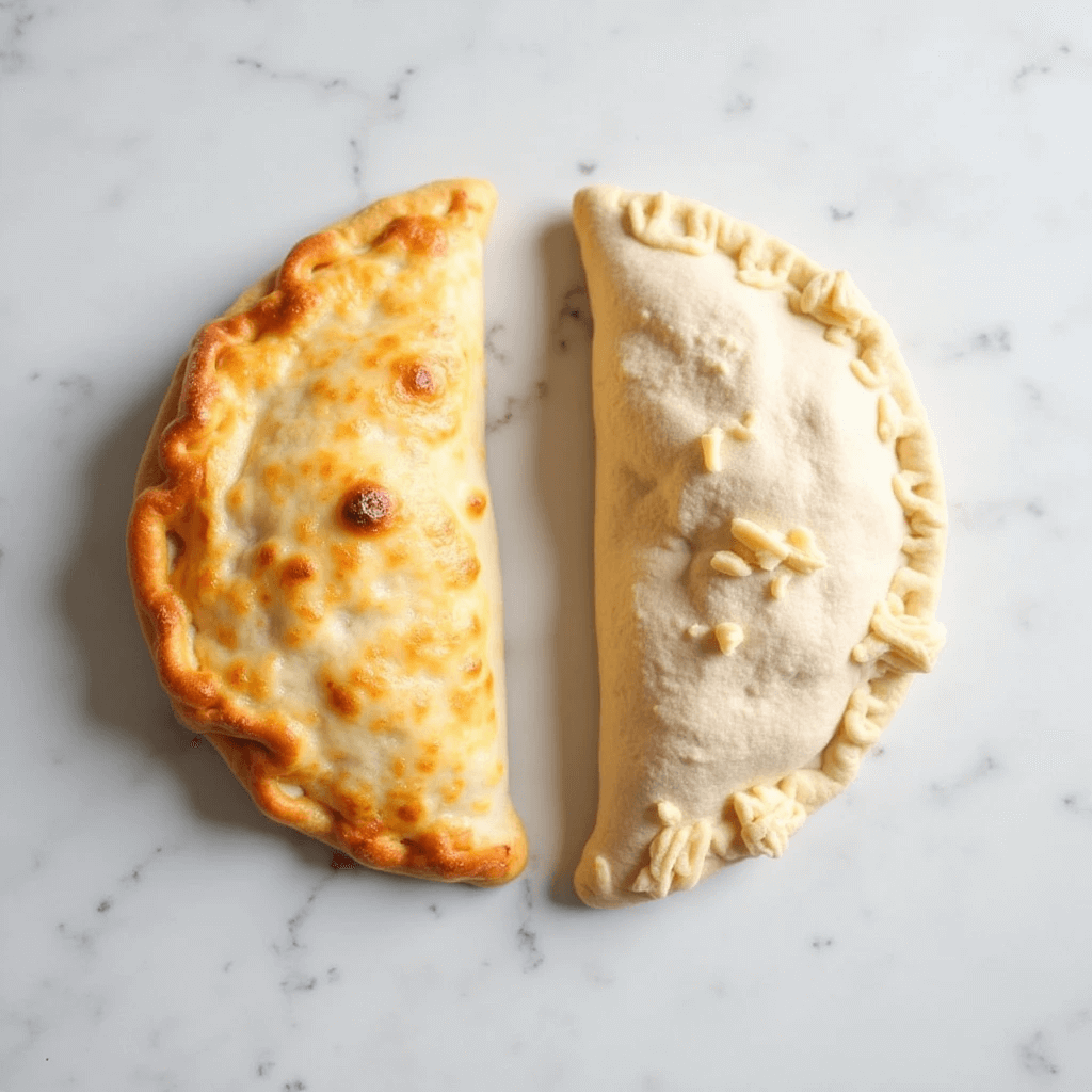 How to Make Sourdough Calzones: Step-by-Step Guide and Tips 2 A side-by-side comparison of a baked golden-brown sourdough calzone and an unbaked calzone with a raw dough finish, placed on a marble countertop.