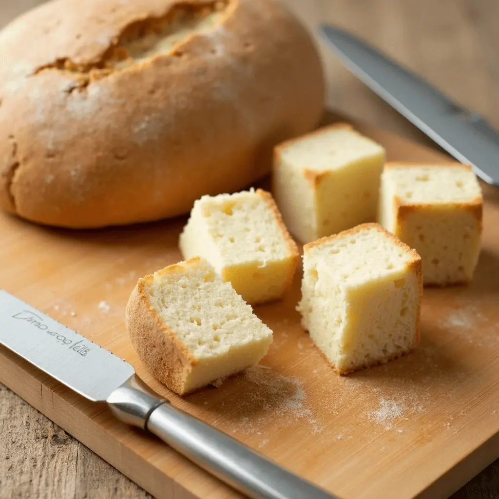 How to Make Perfect Sourdough Croutons in Your Air Fryer 2 A close-up of sourdough bread being cut into evenly sized cubes on a wooden cutting board. A serrated knife and a loaf of bread are visible, with neatly arranged cubes ready for seasoning.