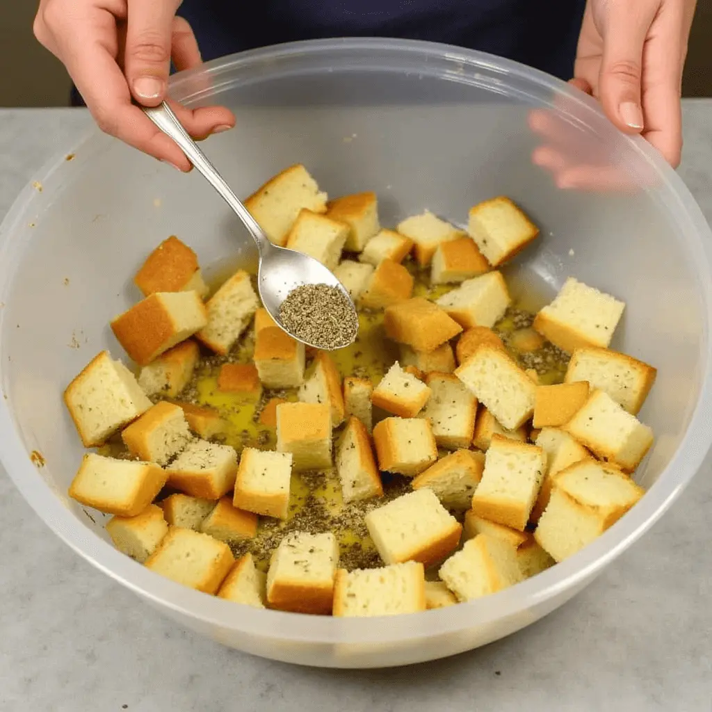 How to Make Perfect Sourdough Croutons in Your Air Fryer 3 A mixing bowl filled with sourdough bread cubes being tossed with olive oil, garlic powder, and dried herbs. Hands holding a spoon are shown gently mixing the cubes for even seasoning.