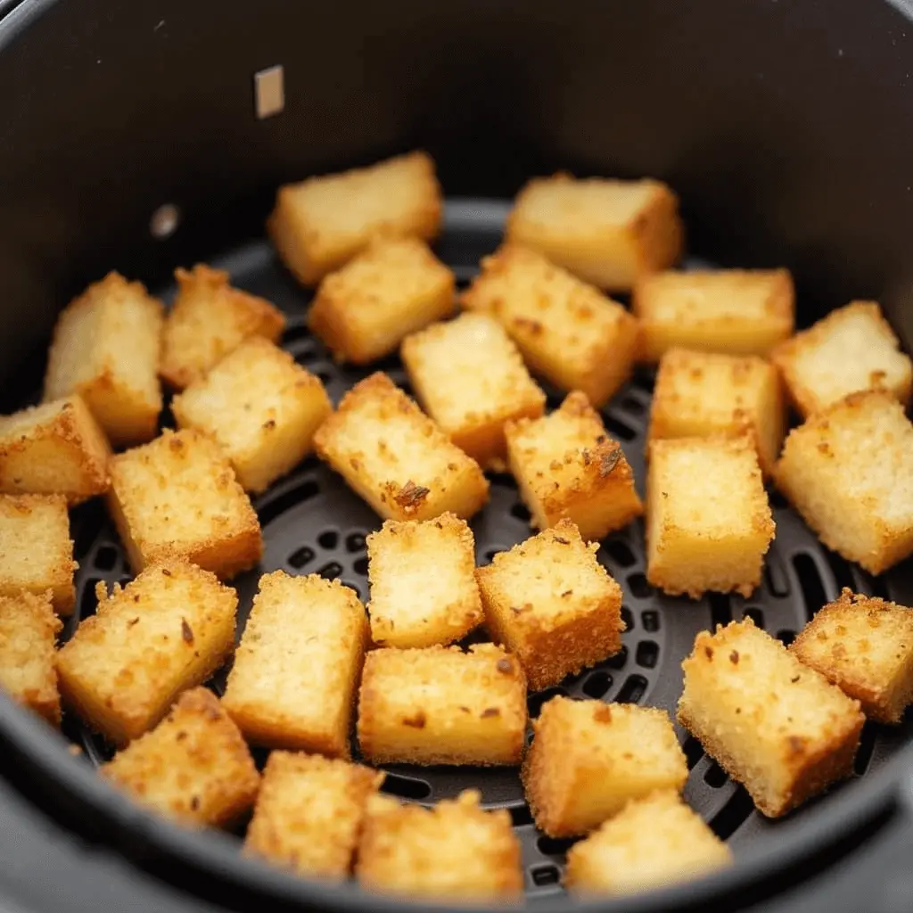 How to Make Perfect Sourdough Croutons in Your Air Fryer 4 Golden sourdough croutons cooking in an air fryer basket. The croutons are mid-cooking, showing crispy edges, with an air fryer visible in the background.