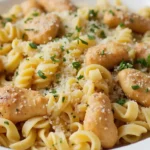 Creamy Marry Me Chicken Pasta with sun-dried tomatoes, parmesan cheese, and fresh herbs in a white bowl