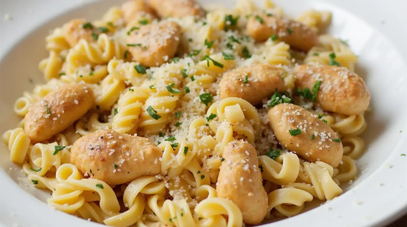 Creamy Marry Me Chicken Pasta with sun-dried tomatoes, parmesan cheese, and fresh herbs in a white bowl