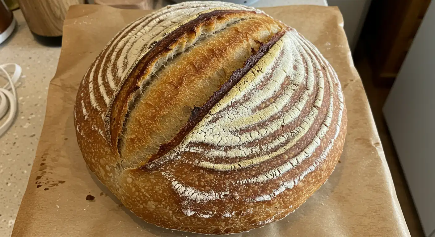 Golden-brown same-day sourdough bread with a crisp crust and airy crumb, resting on a wooden surface.