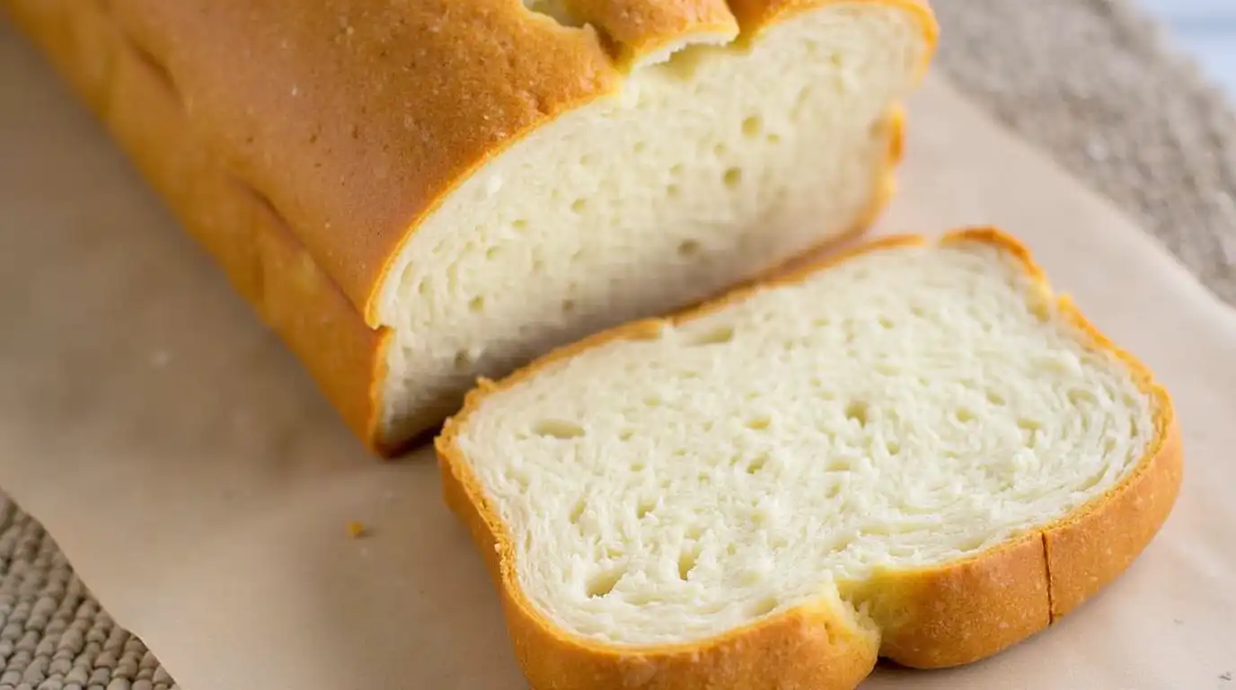 Soft sourdough sandwich bread loaf with a fluffy slice cut to reveal airy crumb texture.