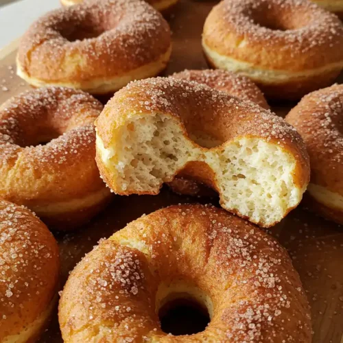 Sourdough Discard Doughnuts 3 A batch of golden-brown sourdough discard doughnuts coated in cinnamon-sugar, with one doughnut bitten to reveal its fluffy interior.