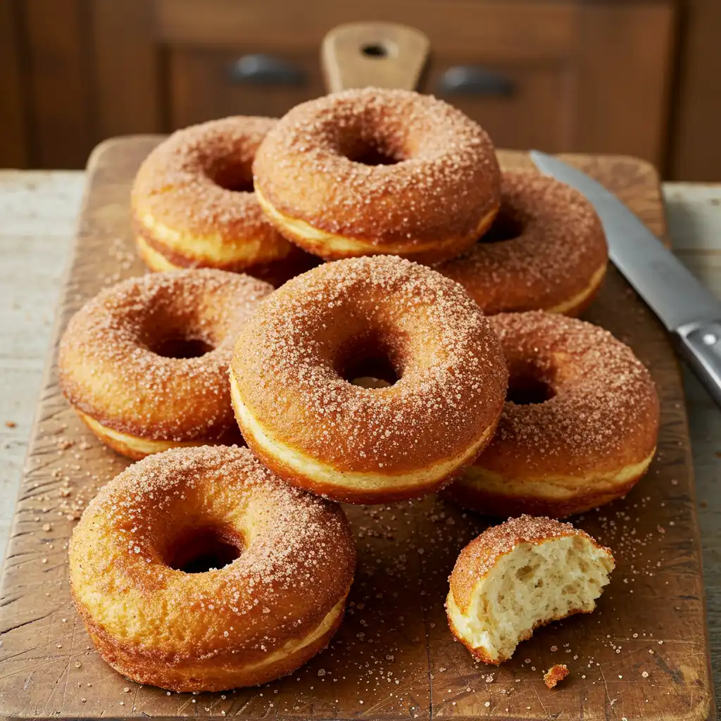 Sourdough Discard Doughnuts 2 A batch of golden-brown sourdough discard doughnuts coated in cinnamon-sugar, with one doughnut bitten to reveal its fluffy interior. Homemade sourdough doughnuts