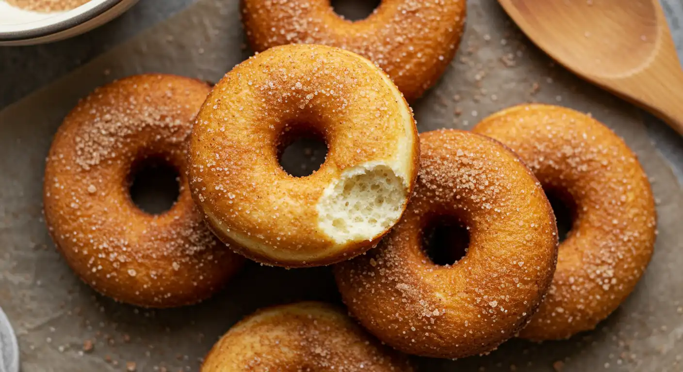 Close-up of sugar-dusted sourdough discard doughnuts, with one doughnut showing a bite revealing its airy interior.